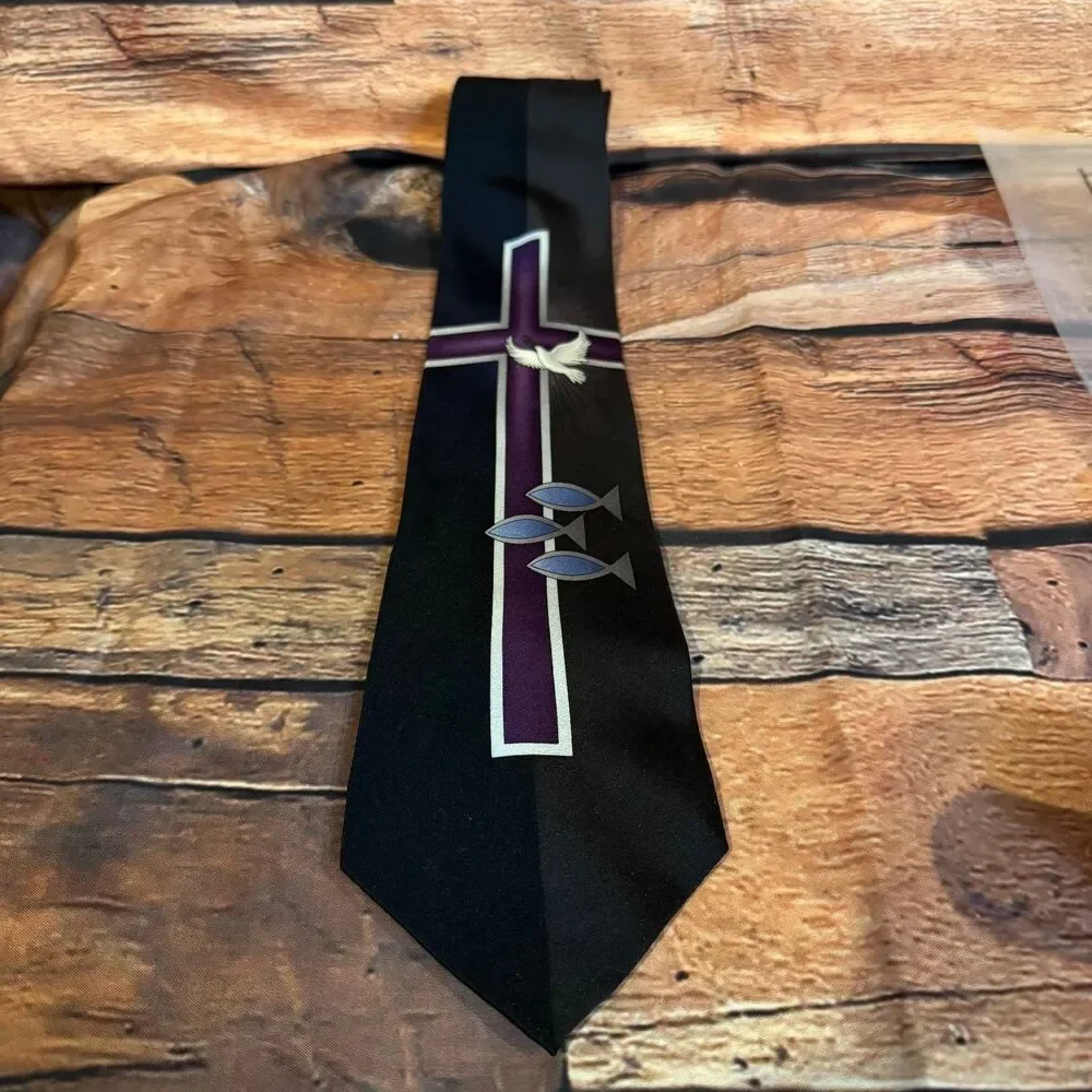 Inspirations Men's Tie Black Purple Silk Christian Cross Dove Fish Classic